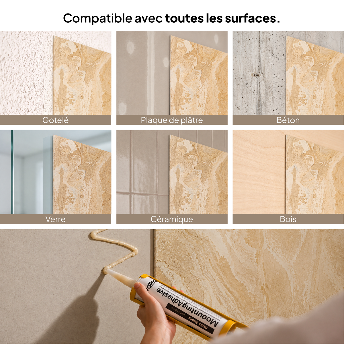 Compatible avec toute surface : crépi, placo, béton, verre, céramique et bois #lang:fr