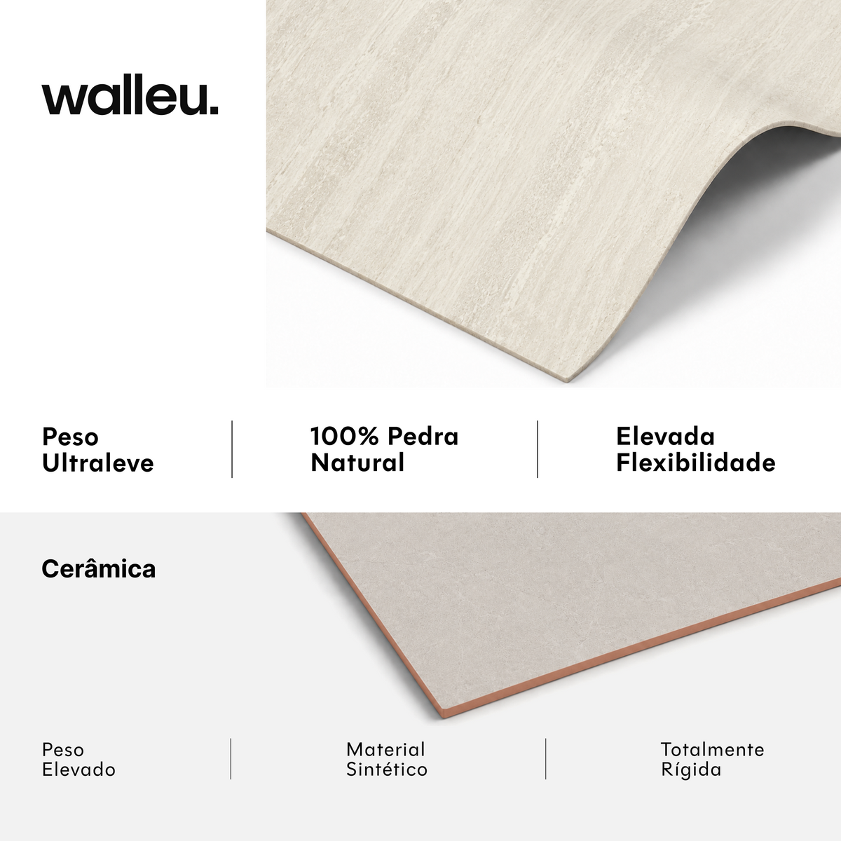 Comparação: folha Walleu ultraleve, 100% pedra natural e flexível vs cerâmica pesada, sintética e rígida #lang:pt