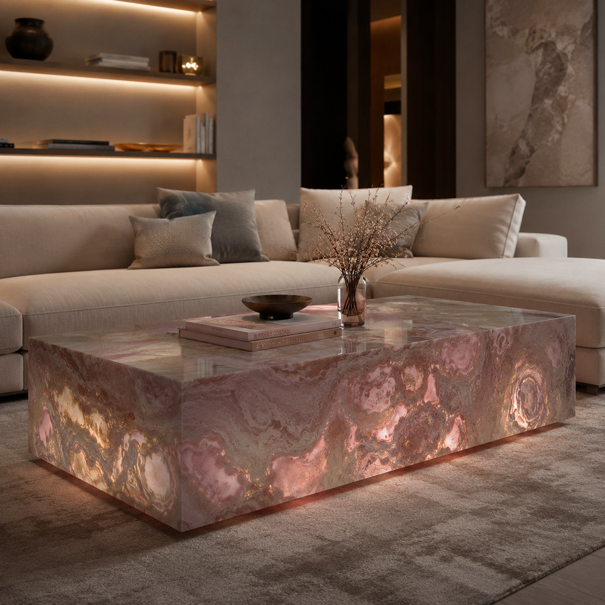Mesa de centro em Zion Translúcido retroiluminada numa sala de estar