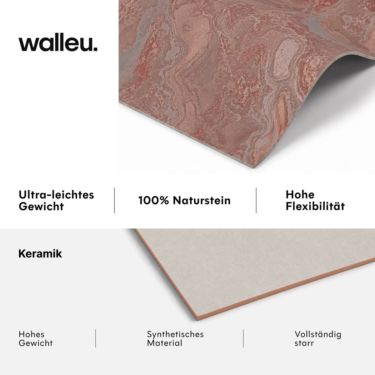 Vergleich: Walleu-Platte ultraleicht, 100 % Naturstein und flexibel vs. Keramik schwer, synthetisch und starr #lang:de