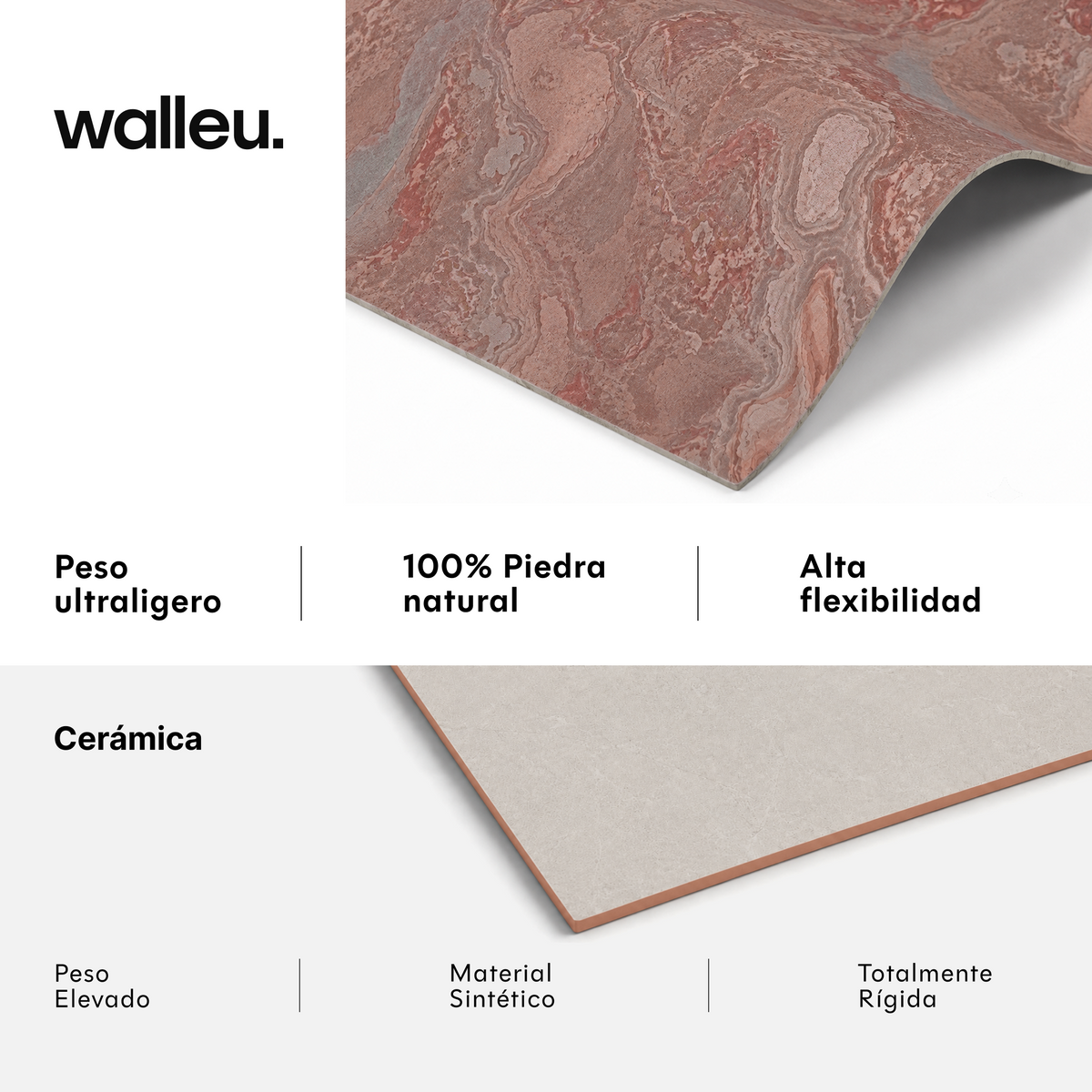 Comparativa: lámina Walleu ultraligera, 100% piedra natural y flexible vs cerámica pesada, sintética y rígida #lang:es