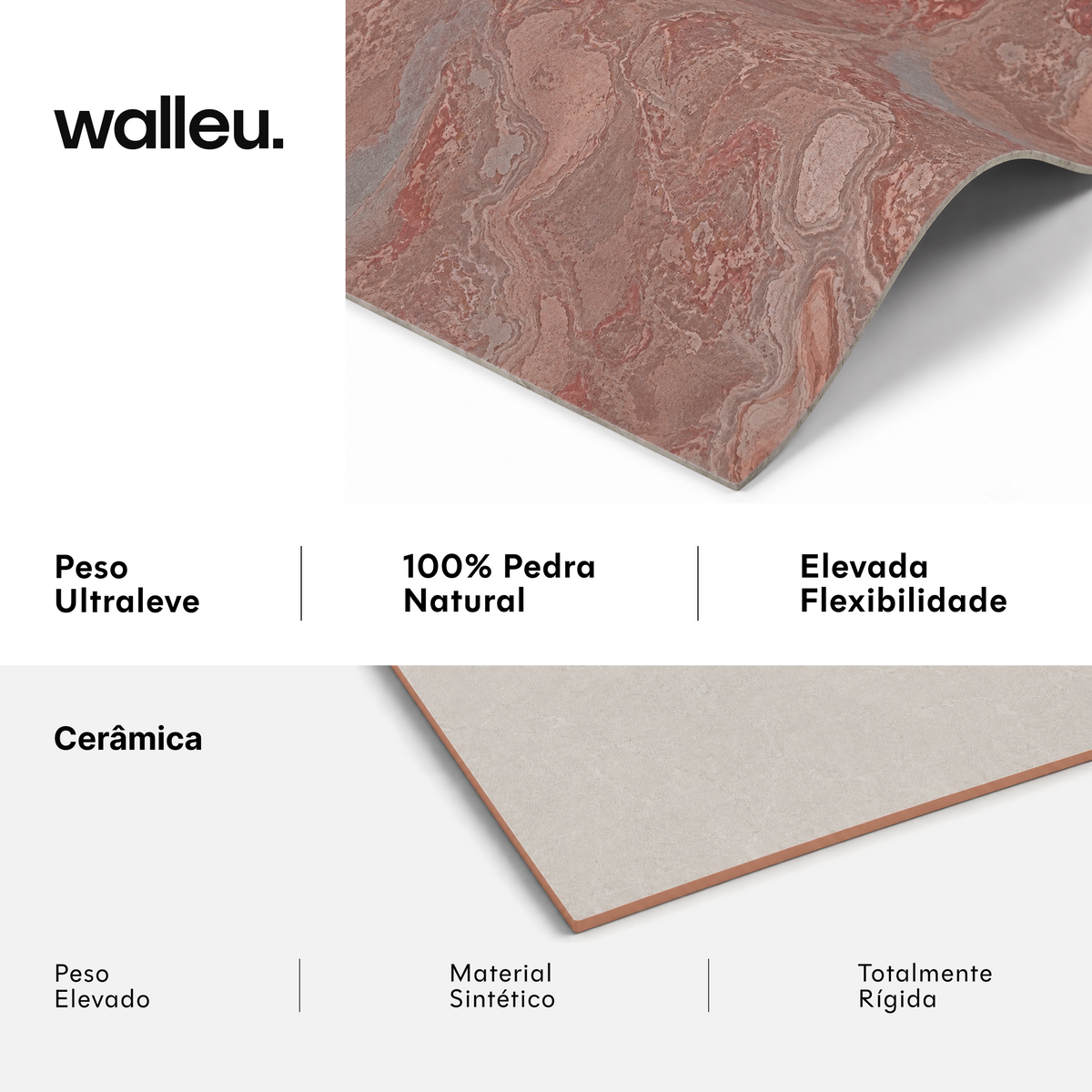 Comparação: folha Walleu ultraleve, 100% pedra natural e flexível vs cerâmica pesada, sintética e rígida #lang:pt