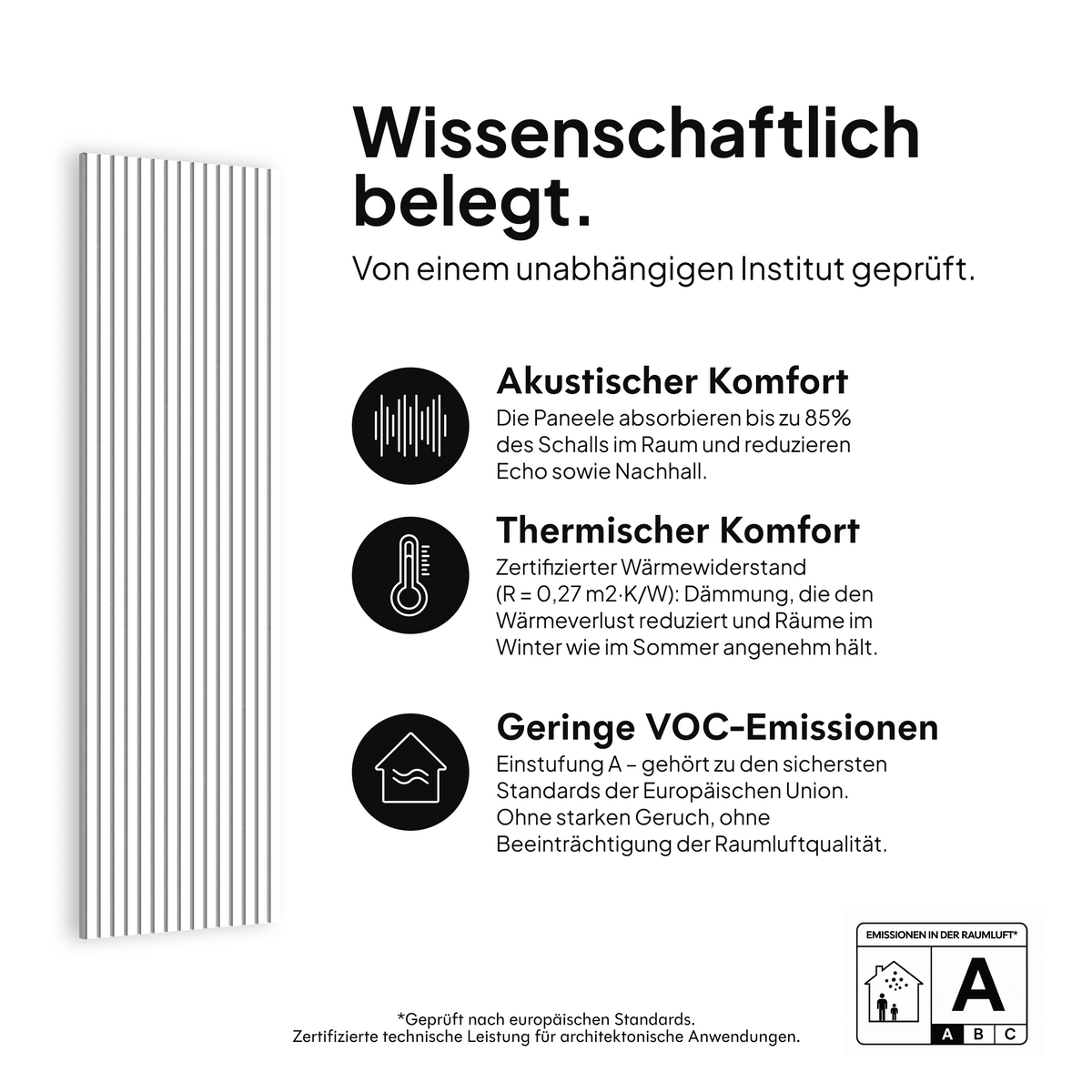 Akustikpaneel Weiß — wissenschaftlich belegt: akustischer Komfort, thermischer Komfort und geringe VOC-Emissionen #lang:de
