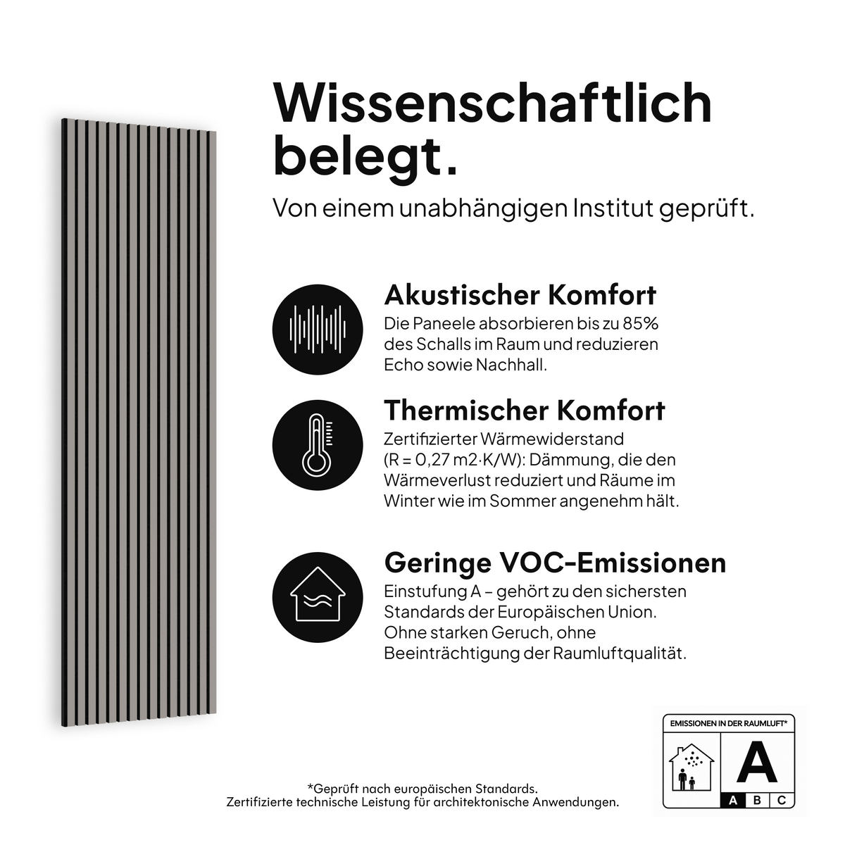 Akustikpaneel Grau — wissenschaftlich belegt: akustischer Komfort, thermischer Komfort und geringe VOC-Emissionen #lang:de