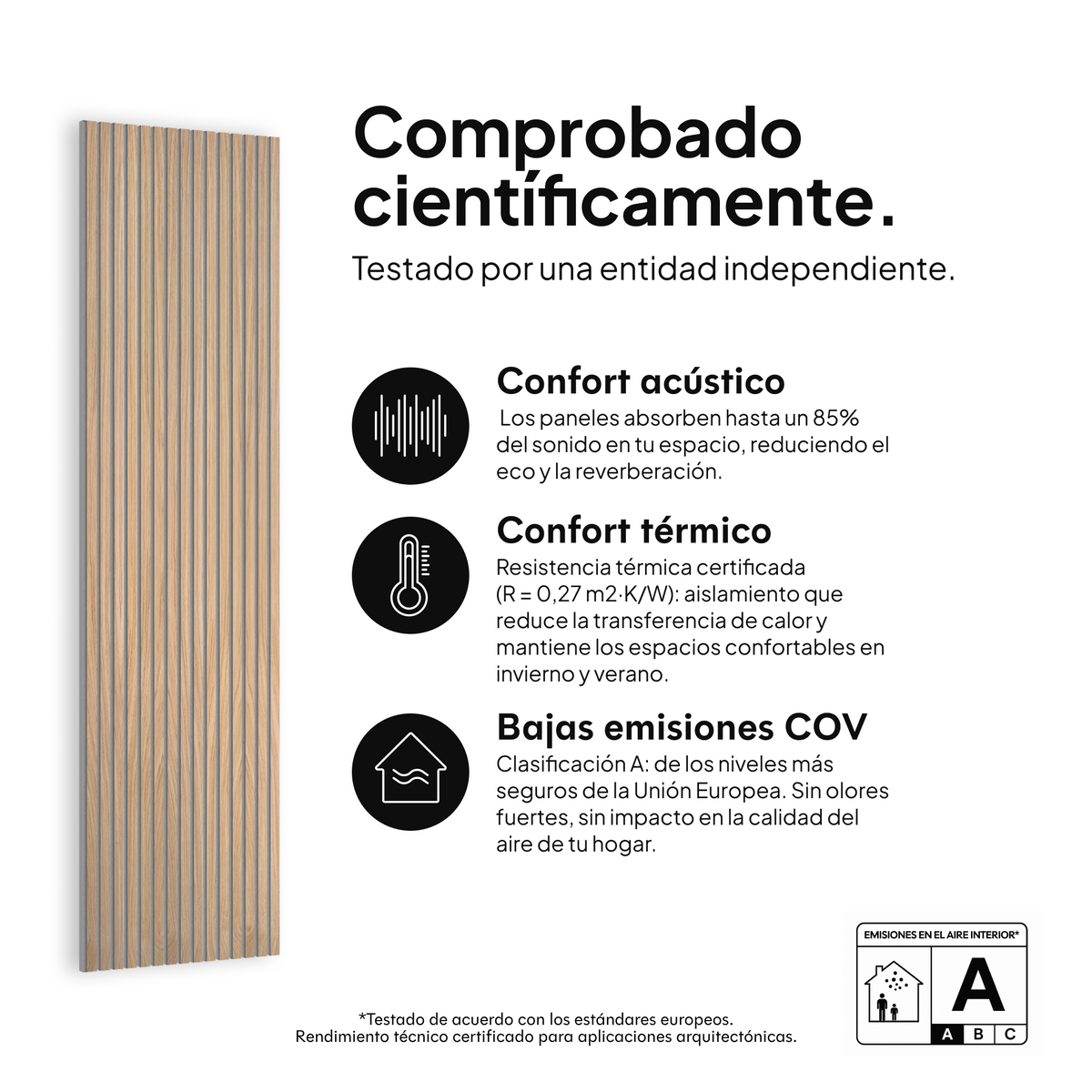 Panel acústico Roble Natural Fieltro Gris — comprobado científicamente: confort acústico, confort térmico y bajas emisiones COV #lang:es