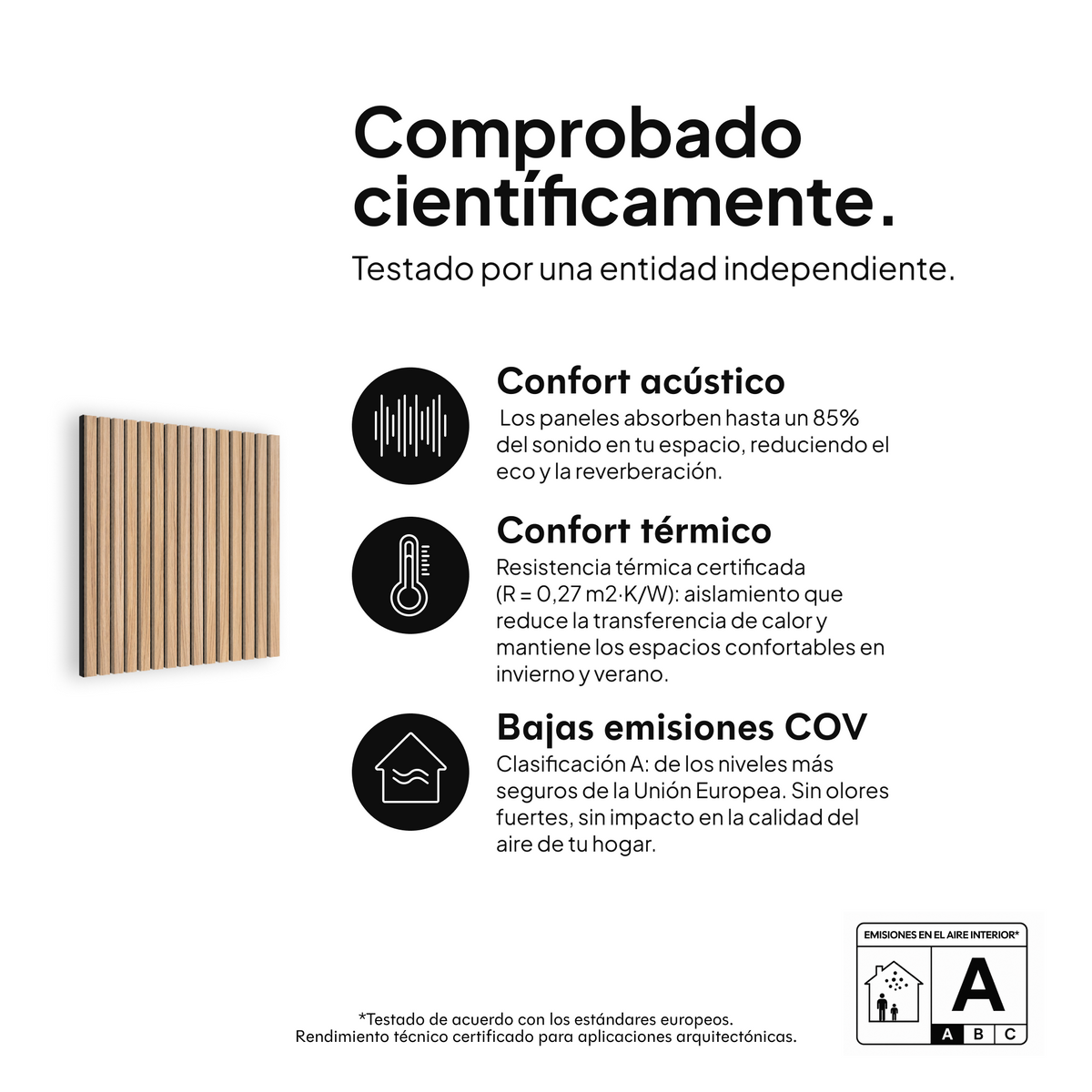 Panel acústico Roble Natural Fieltro Negro — comprobado científicamente: confort acústico, confort térmico y bajas emisiones COV #lang:es