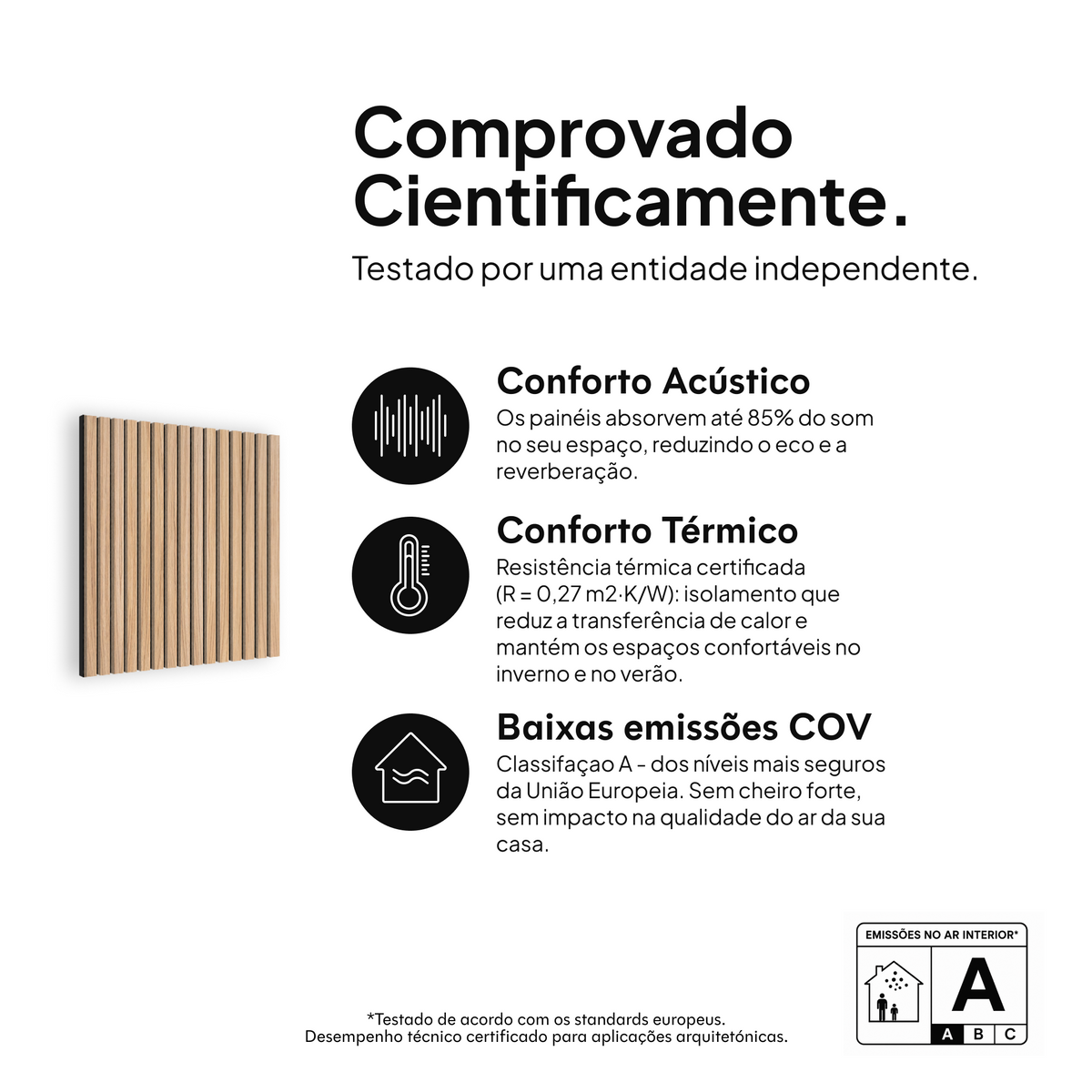 Painel acústico Carvalho Natural Feltro Preto — comprovado cientificamente: conforto acústico, conforto térmico e baixas emissões COV #lang:pt