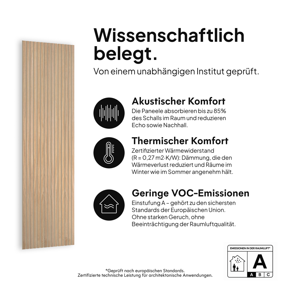 Akustikpaneel Natürliche Eiche Innenseite Schwarz Beige Filz — wissenschaftlich belegt: akustischer Komfort, thermischer Komfort und geringe VOC-Emissionen #lang:de