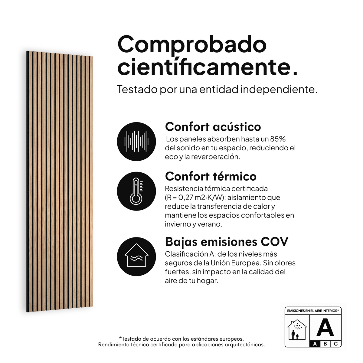 Panel acústico Roble Natural Núcleo Negro Fieltro Negro — comprobado científicamente: confort acústico, confort térmico y bajas emisiones COV #lang:es