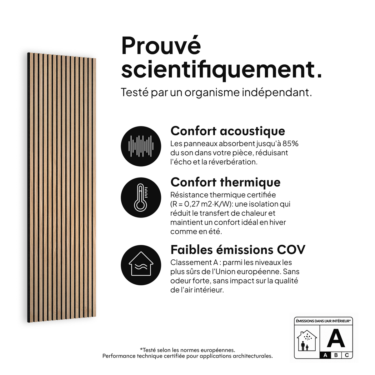 Panneau acoustique Chêne Naturel Noyau Noir Feutre Noir — prouvé scientifiquement : confort acoustique, confort thermique et faibles émissions COV #lang:fr
