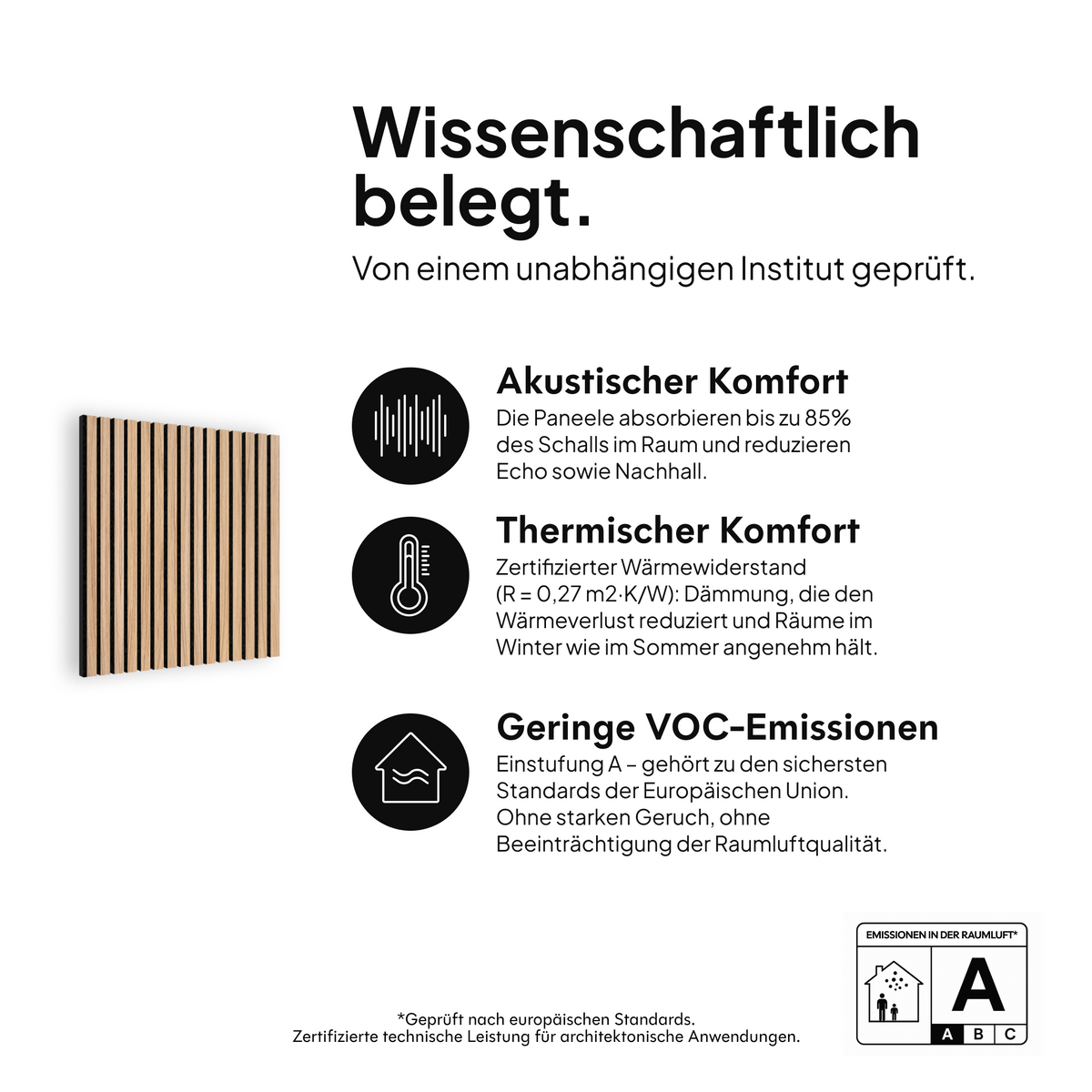 Akustikpaneel Natürliche Eiche Innenseite Schwarz Schwarzer Filz — wissenschaftlich belegt: akustischer Komfort, thermischer Komfort und geringe VOC-Emissionen #lang:de