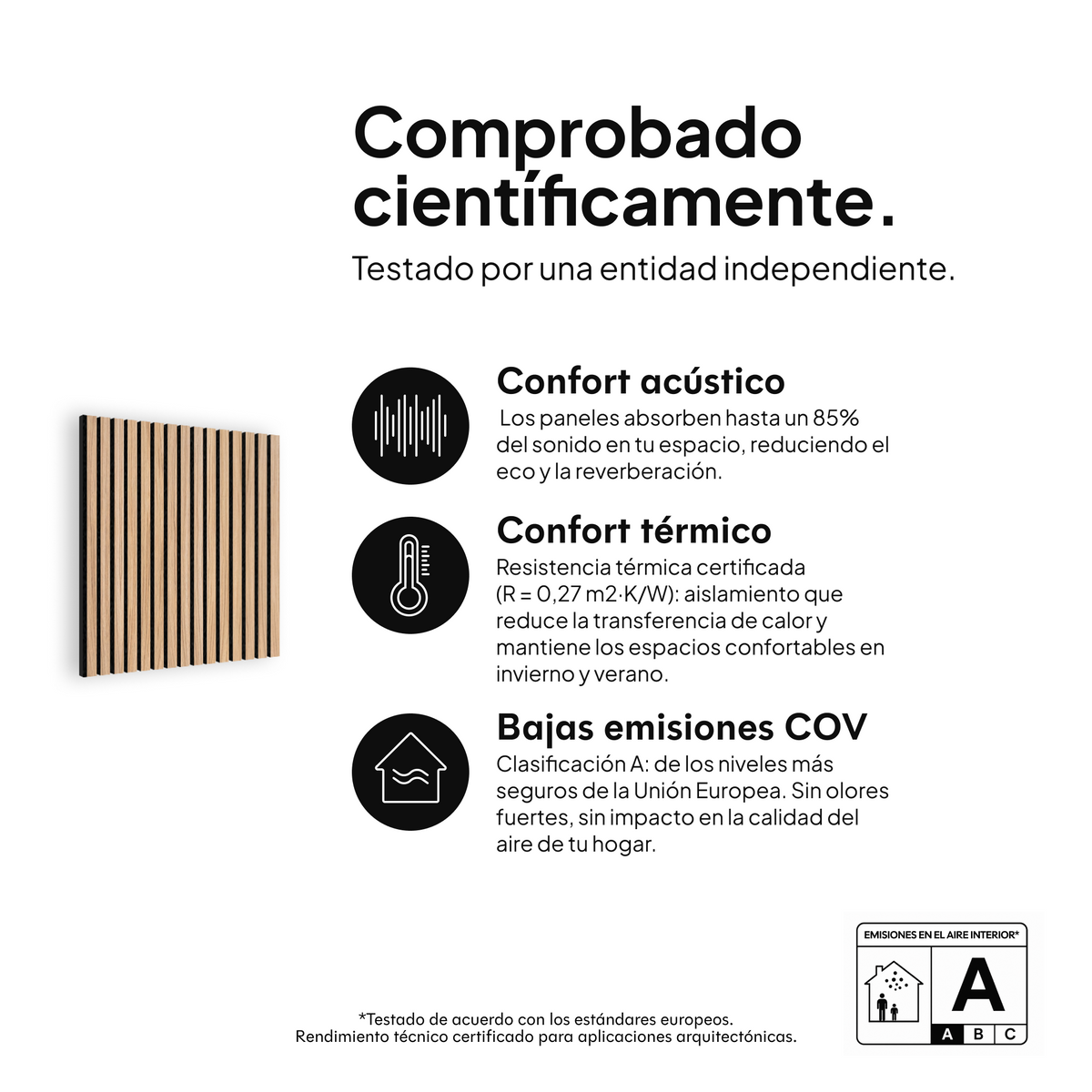 Panel acústico Roble Natural Núcleo Negro Fieltro Negro — comprobado científicamente: confort acústico, confort térmico y bajas emisiones COV #lang:es