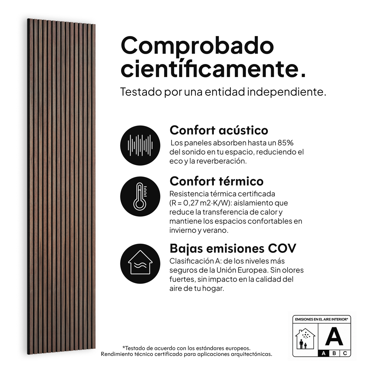 Panel acústico Nogal — comprobado científicamente: confort acústico, confort térmico y bajas emisiones COV #lang:es