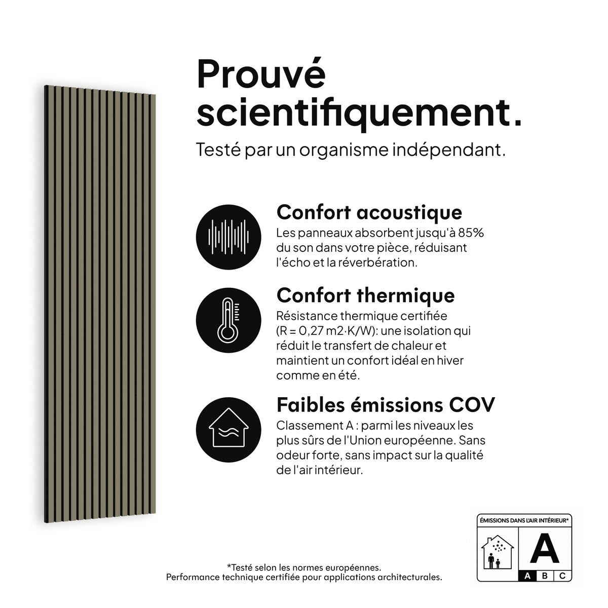 Panneau acoustique Olive — prouvé scientifiquement : confort acoustique, confort thermique et faibles émissions COV #lang:fr