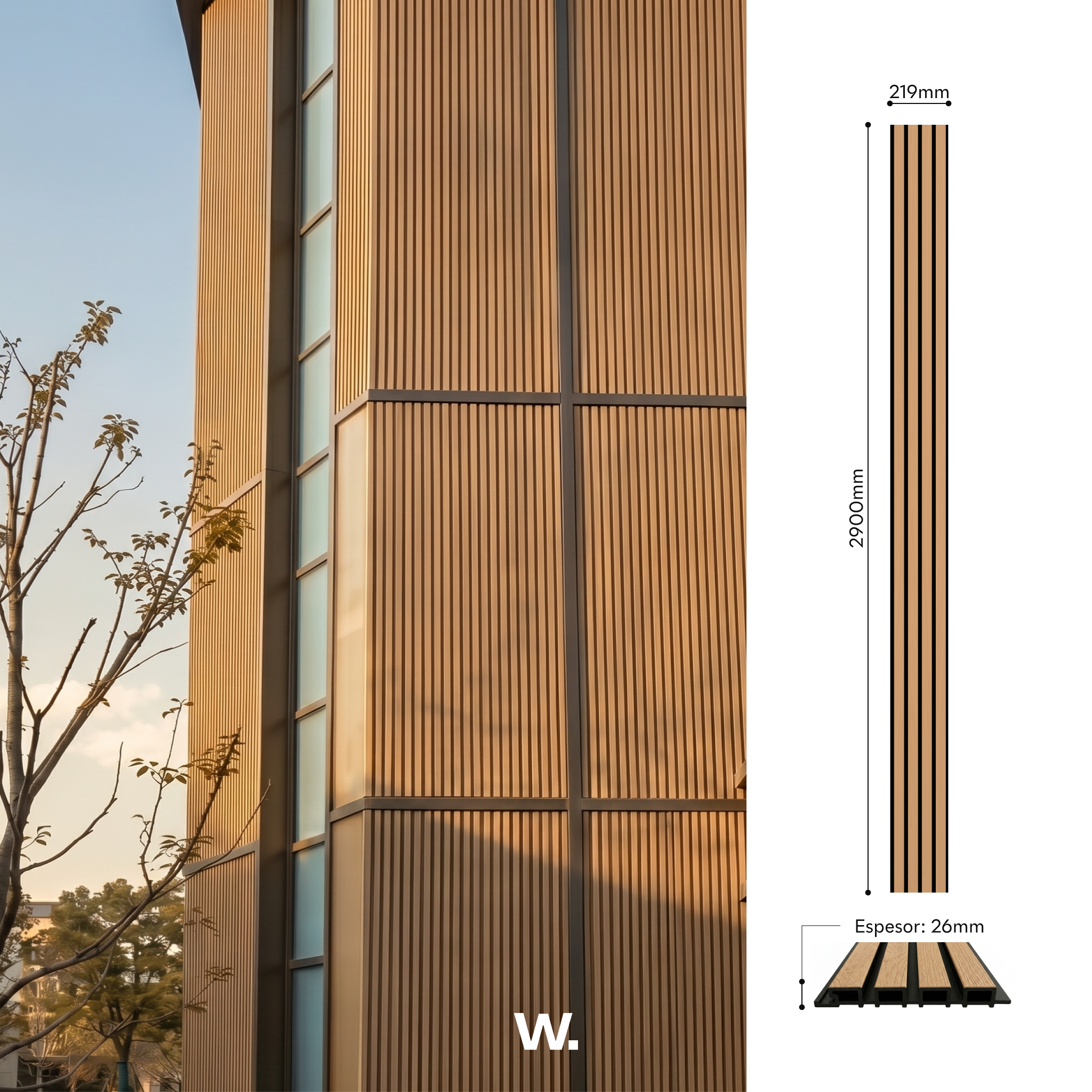 Panel WPC Carvalho — perfil de 2900 × 219 mm, espesor 26 mm #lang:es