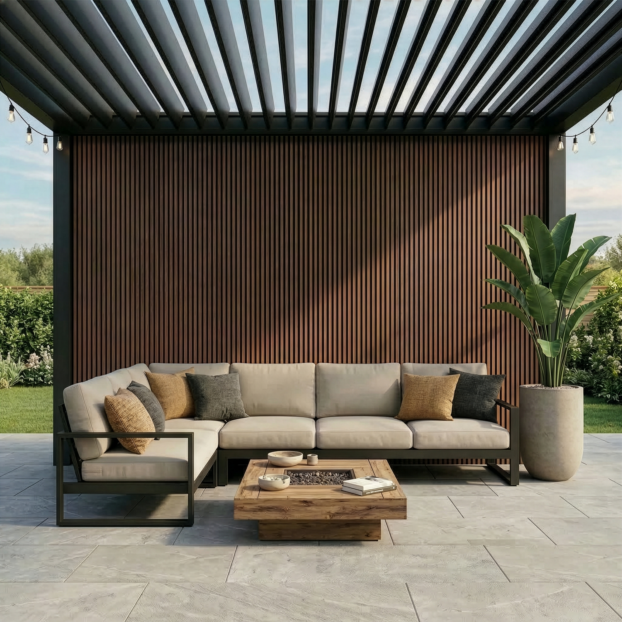 Parede de terraço revestida com painéis WPC Nogueira
